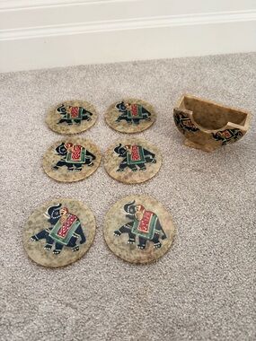 Handpainted Elephant Stone Coaster Set with Holder - Green & Red